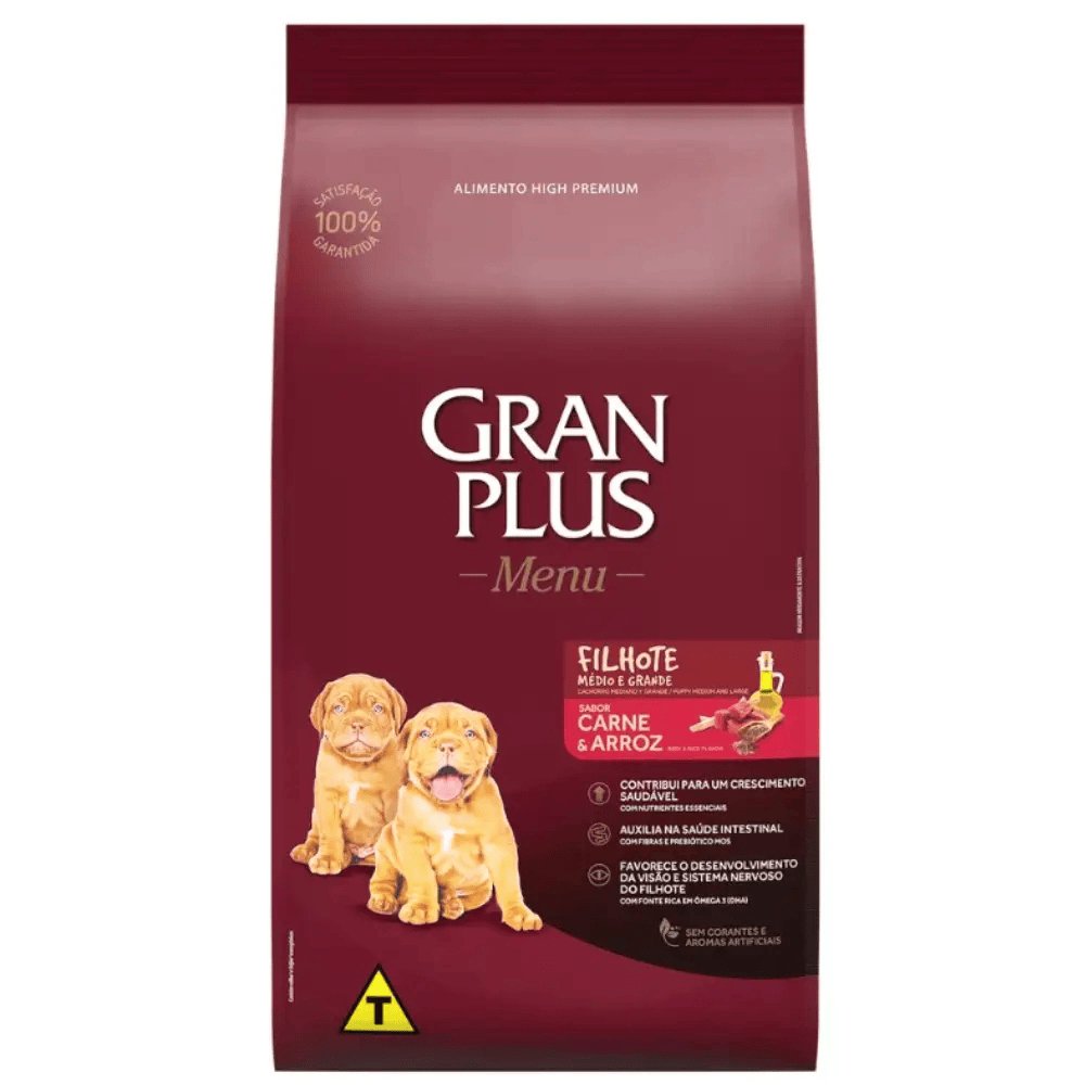 Ração GranPlus Menu para Cães Filhotes de Raças Médias e Grandes Sabor Carne e Arroz 10,1kg