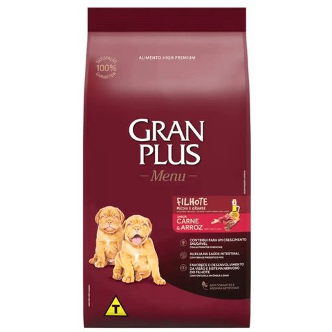 Gran Plus Menu Cães Filhotes Med E Gran Carne Arroz 3kg